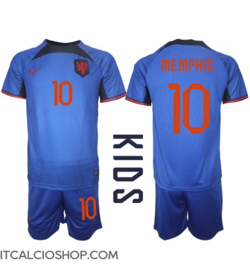 Olanda Memphis Depay #10 Seconda Maglia Bambino Mondiali 2022 Manica Corta (+ Pantaloni corti)